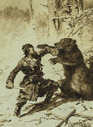 Акварель Охота на медведя 1869 год Соколов Пётр Петрович