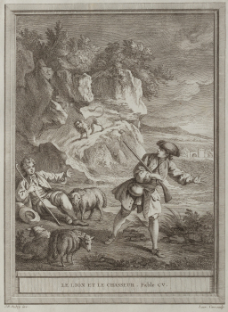 Жан-Батист Удри (1686–1755) — автор рисунка, Лоран Кар (1699–1771) - гравёр. “Лев и охотник“